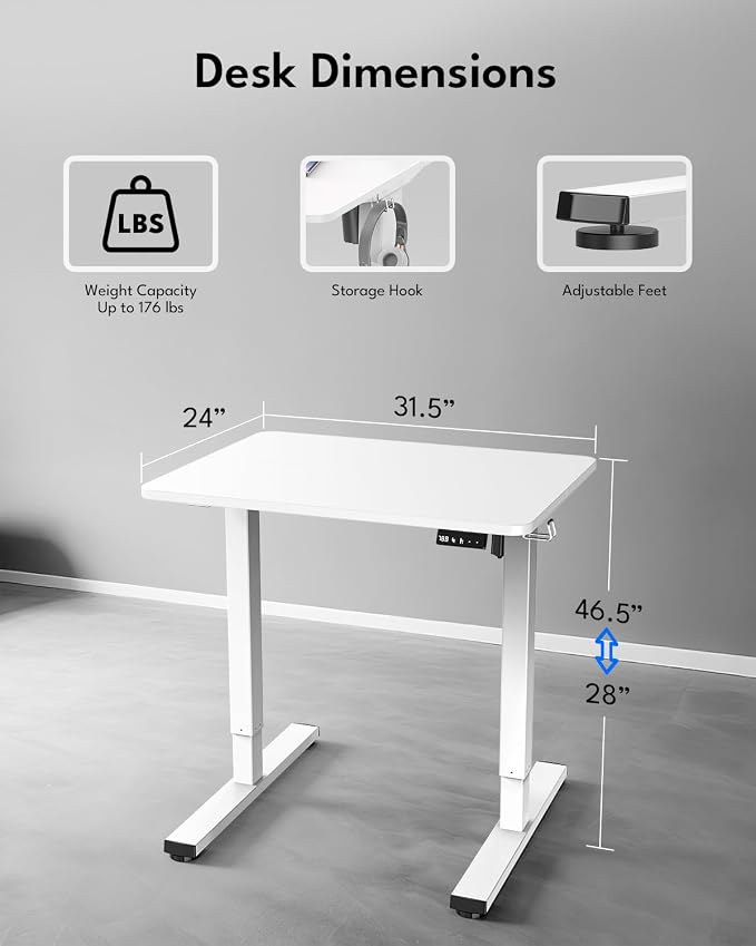 Small Electric Standing Desk, Gaming Desk, 31.5x24 Inch, White | Height Adjustable Computer Desk with Smart Controller, Sit and Stand Up Table for Home, Office, Work, Study, Writing