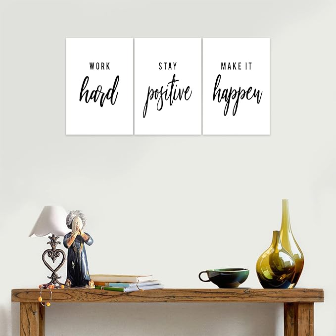 3 Piece Inspirational Wall Art, White Motivational Mindset Picture, Quote "Work Stay Make It" Canvas Print for Office Decor, Triptych Entrepreneur Poster Framed Artwork for Gym Wall Decor (36"Wx24" H)