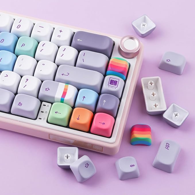 Tsungup MOA Profile Keycaps,131 Keys Gray Rainbow Candy Custom Keycaps,PBT Cute Dye Sub Key Caps Keyboard Keycap Set for MX Switches Mechanical