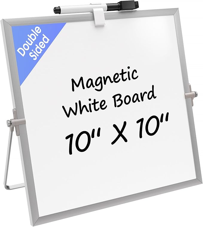 MaxGear Small White Board with Stand, 10" x 10" Double-Sided Whiteboard | Desk Mini Dry Erase Board for Drawing, Kitchen Grocery List, Memo, Planning, Magnetic Surface Aluminium Frame