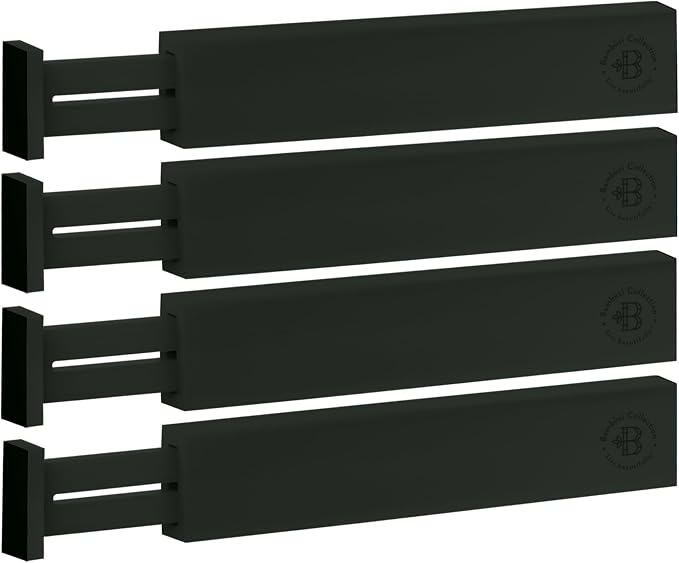 4-Pack Bamboo Drawer Dividers - 12.2 to 17.3 Inches Deep, 2.6 Inches High, Adjustable Expandable Drawer Organizer Dresser Separator for Clothes, Utensils, Kitchen, Bathroom, Office Storage, Black