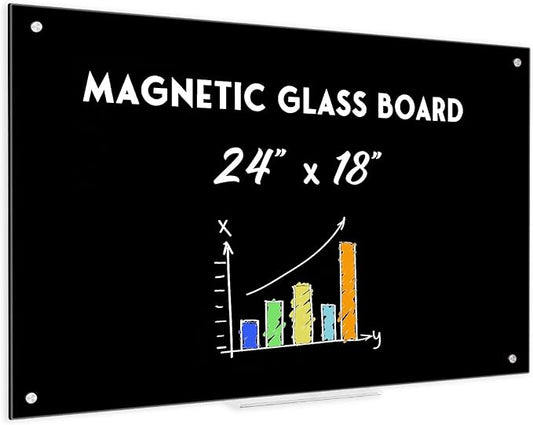 Magnetic Black Glass Dry Erase Board, 24" x 18", Frameless Wall Mount | Glass Whiteboard for Wall, Includes 1 Marker Tray and 6 Magnets, White Board for Office, Home, Classroom