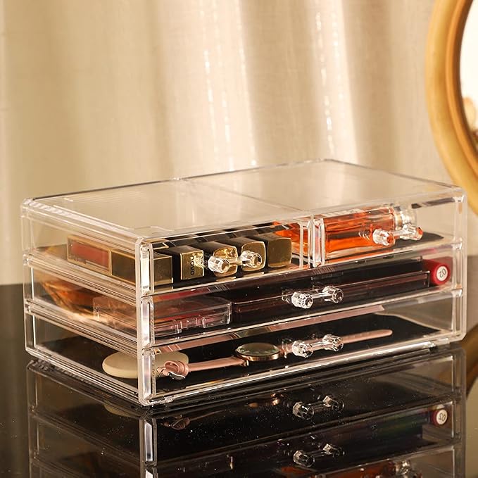 Cq acrylic Bathroom Organizer with 4 Drawers,Stackable Containers for Organizing with Drawers for Vanity Counter and Desk,Plastic Clear Storage Drawers for Cabinet Makeup,Craft,Beauty Supplies,1Pcs