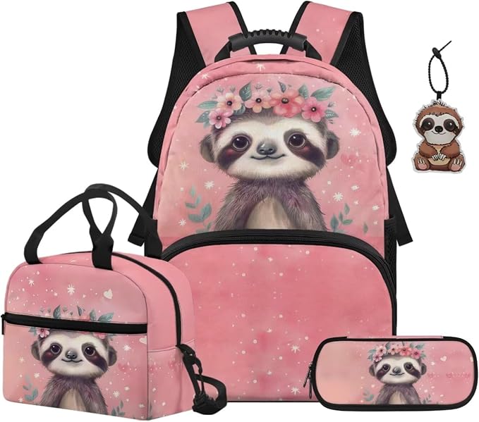 ZFRXIGN Sloth Girls Backpack for Teen Girls School with Pendant 17inch Middle High School Bag and Insulated Lunch Box Pencil Case 4pc Backpack Set Back to School