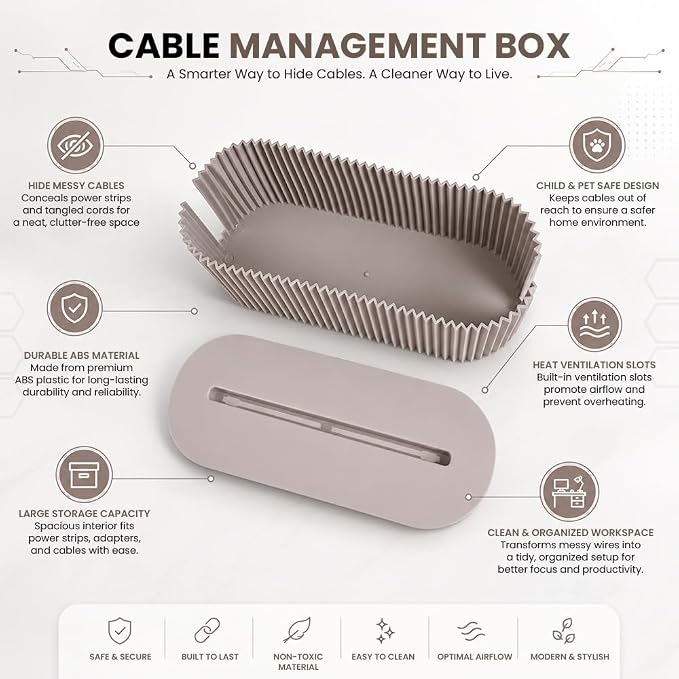 Cable Management Box – Home & Office Desk Cord Organizer Hide Power Strip & Under Desk TV Computer Wire Pet Friendly Child-Proof Floor Cord Management Cover - Beige