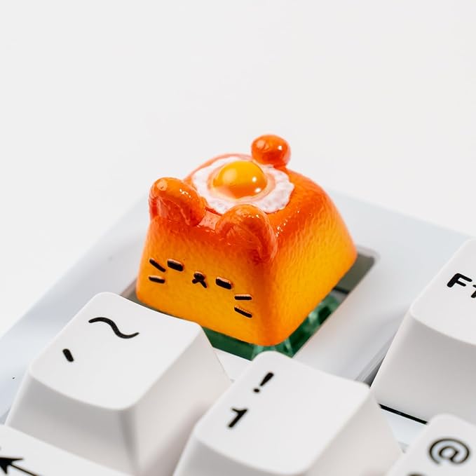 Artisan Cat Keycap for Mechanical Keyboards, Orange Fried Egg Cat-Shaped, Handmade Resin, 1U Size, MX Switch Compatible, Decorative Design for Gaming and Typing (MMK-HBD)