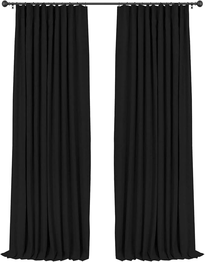INOVADAY 100% Blackout Curtains for Bedroom, Black Out Curtains 84 Inch Long, Clip Rings Linen Blackout Drapes, Thermal Insulated Room Darkening for Living Room, 2 Panels - Black,W50xL84