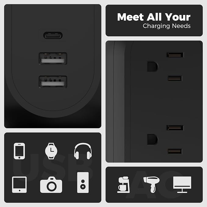 TESSAN Tower Power Strip Flat Plug with 11 Outlets 3 USB (1 USB C), Surge Protector Tower 1625W/13A,1050J Protection, 6 Feet Extension Cord with Multiple Outlets, Dorm, Office Desk Supplies, Black