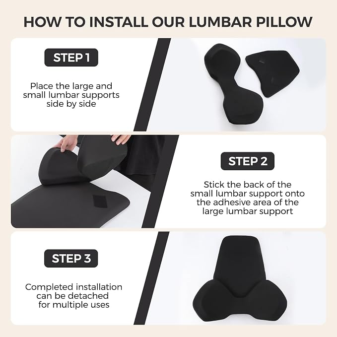 BEBAS Ergonomic Lumbar Support Pillow for Car, Memory Foam Back Support for Lower Back Pain Relief, Detachable Lumbar Cushion for Driving, Extended Lumbar Pillow for Car Seat, Office Chair -Black