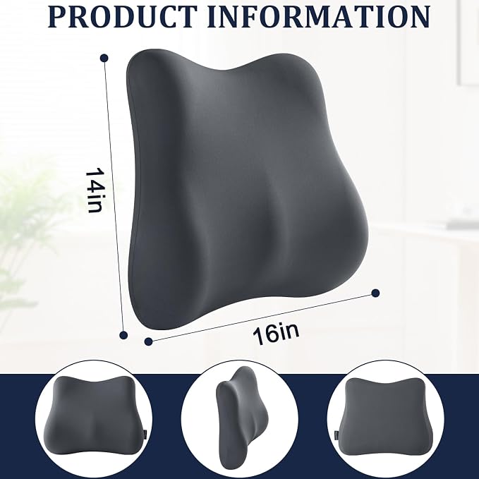 Lumbar Support Pillow Office Chair Lumbar Pillow Lower Back Pain Relief Cozy Dark Gray Memory Foam Back Cushion with Removable Cover Suitable for Car, Bed