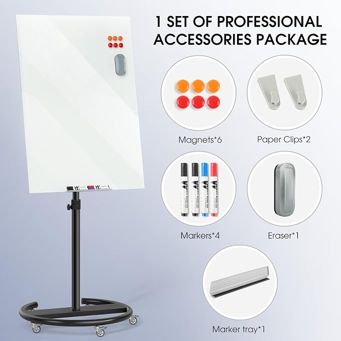 MaxGear Glass Mobile Whiteboard– 40'' x 28'' Magnetic Dry Erase Board Stand | Whiteboard with Stand & Wheels, Portable Dry Erase Easel for Office, Classroom & Home, Includes 4 Markers, 6 Magnets & Eraser