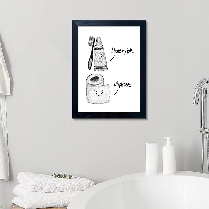 Kids Bathroom Decor Cute Children's Bathroom Wall Art Funny Canvas Print Framed Modern Black and White Picture Artwork for Guest Restroom