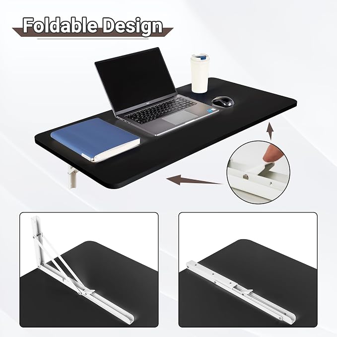 Neoaider Wall Mounted Folding Table 39.4”L x 19.7”W, Laundry Folding Table with Heavy Duty Metal Collapsible Shelf Brackets, Wall Mounted Desk Fold Down for Small Spaces, Black