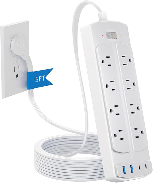 Flat Plug Power Strip, Yozisital Extension Cord with 8 AC Outlets & 4 USB Ports (2 USB-C), 5 FT Power Cord, Wall Mount, Desk Charging Station for Home Office, White
