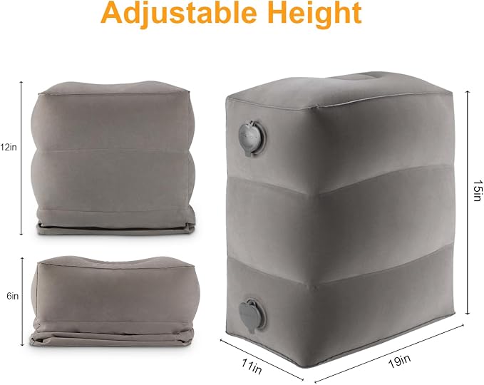 Inflatable Travel Foot Rest Pillow, Kids Airplane Bed, Adjustable Height Leg Pillow for Air Travel, Make a Flat Bed for Kids and Toddlers, Great for Airplane, Train, car（Grey, 1 Pack）