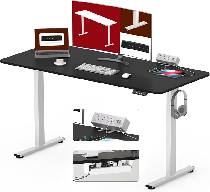 SANODESK Electric Standing Desk with Desk Clamp Power Strip 55"x 28" Whole-Piece Desktop Height Adjustable Stand Up Desk with Cable Management Sit Stand Home Office Desk White Frame/Black Top