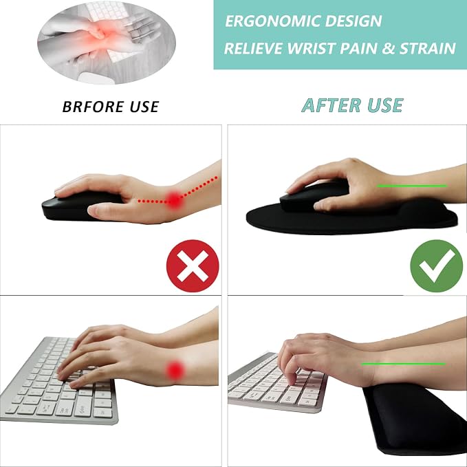 Keyboard Wrist Rest Pad Mouse Pad with Wrist Support Set of 3, Mousepad with Non-Slip Rubber Base, Ergonomic Memory Foam Mouse Wrist Cushion Support for Home Office Laptop Computer Gaming, Black