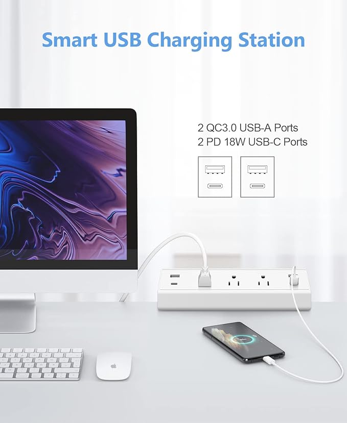 Jgstkcity Desk Clamp Power Strip,40W Total Fast Charging Station,2 PD 20W USB C Ports,Desk Edge Mount Surge Protector for Home, Office,3 Outlets,Fit 1.96" Tabletop Edge,ETL Listed,White (Pack of 2)