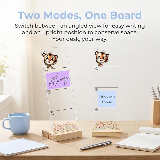 Sticky Note Holder, Monitor Memo Board, Acrylic Post It Note Holder with Wooden Base, Includes 200 Notes, Desk Organizer for Office, Cute Tiger Design