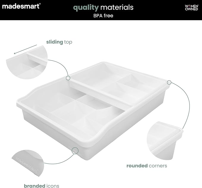 madesmart Classic Junk Drawer Organizer, White | rounded corners, sliding top tray, removable upper level, 13 compartments, cords pens keys, woman owned