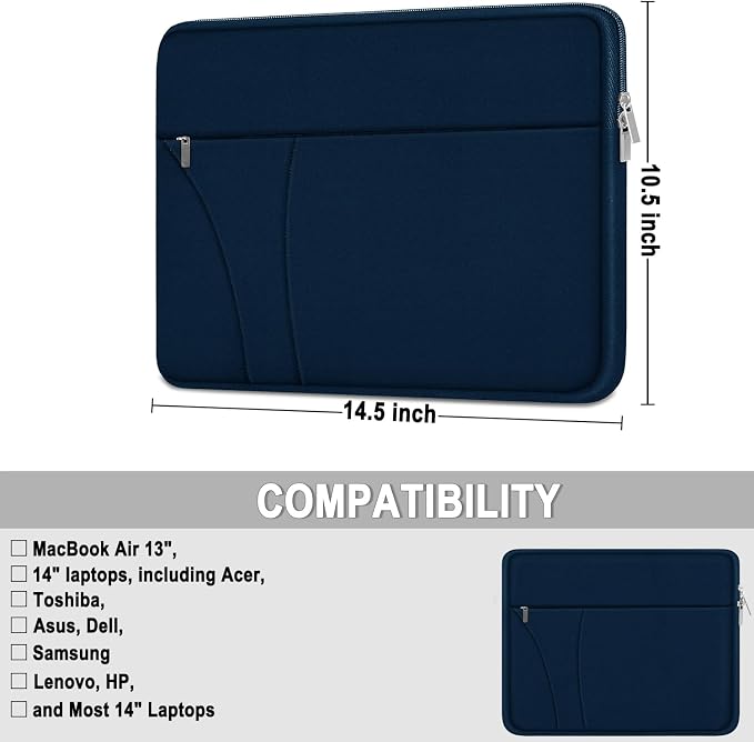Laptop Sleeve 14 inch, Slim Traveling Laptop Case Cover with Zippered Pocket, Shockproof Protective Carrying Briefcase Computer Bag for 14" MacBook Air/Pro, HP, Dell, Lenovo, Acer, Deep Blue