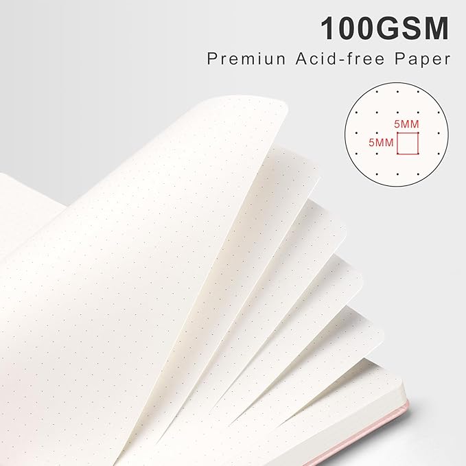 AHGXG Dotted Journal Spiral Notebook, Hardcover Leather Dotted Notebook 140 Pages, A5 Dot Grid Paper Notebook, 100 gsm Thick Paper, for Dotted Journaling, 5.7" x 8.3", Rose Gold