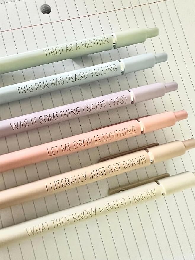 6 Pen Set｜Manic Motherhood Engraved Soft Touch Gel Pens｜Funny Mom Mothers Day Pens｜Planner Pens Office Supplies (Silver Pastel)