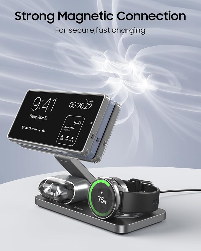 3 in 1 Foldable Magnetic Wireless Charging Station for Samsung, Wireless Charger Stand for Galaxy S26 Ultra S25/S24 /Note 20/Flip 7/Fold 7, for Galaxy Watch Ultra/8/7/6,Galaxy Buds 3/3 Pro