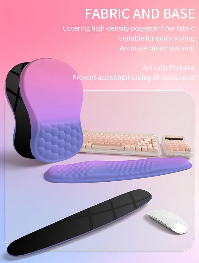 Hokafenle 2in1 Combination, Wave Keyboard Wrist Rest and Ergonomic Curvature Mouse Pad Wrist Support for Relieve Wrist Pain, Filled with Soft Cushion Memory Foam, Gradient Blue Purple