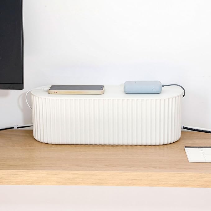 White Cable Management Box with Lid, Large, Plastic | Cable Box Organizer, For Wire, Power Strip, Surge Protector, Extension Cords Hider Cover, For Home Office, Desk and Floor