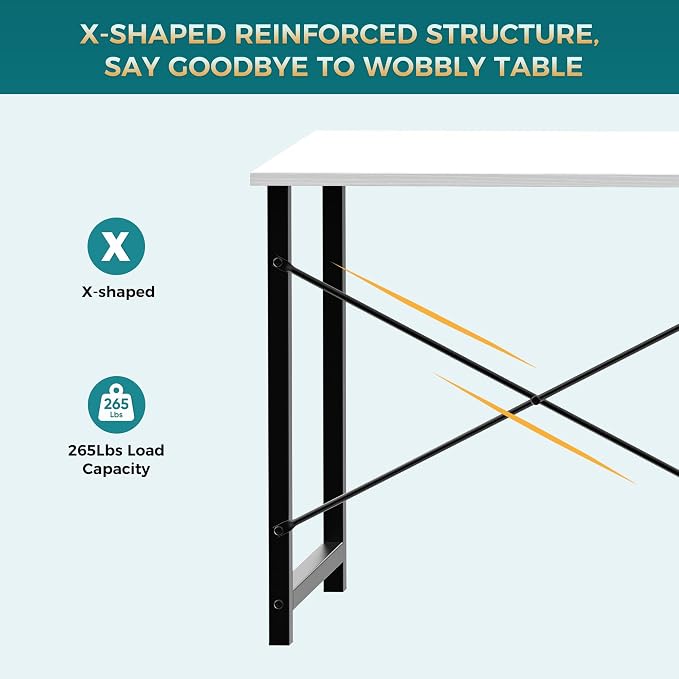 DUMOS 47 Inch Computer Desk for Home Office, Modern Study Work Table Simple Modern Style for Bedroom Small Space, Writing Desks with X-Shaped Reinforcement, Wood White