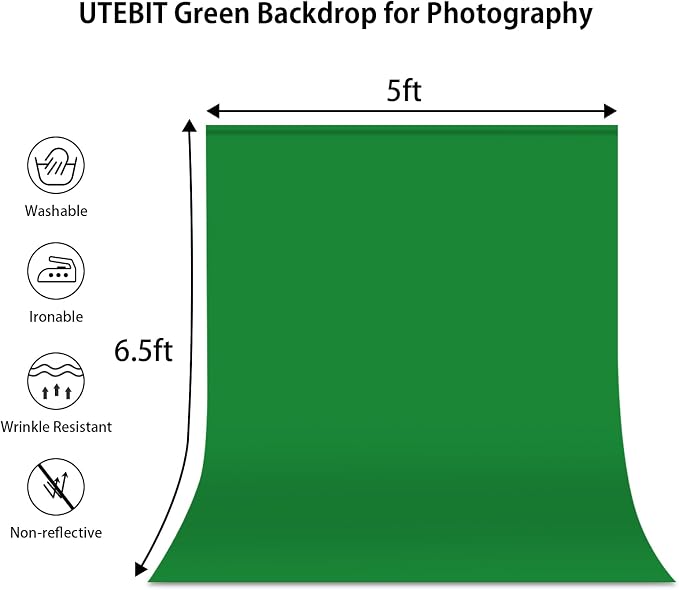 UTEBIT 5x6.5ft Green Screen Backdrop, Photography Backdrop Chroma Key Small Greenscreen Sheet Background for Streaming, Zoom Meeting, PS Keying, Video Creation, Studio Portrait Shoots (Backdrop Only)