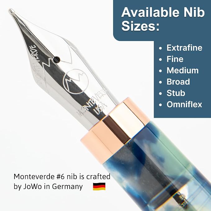 Monteverde USA Blue Mountain Fountain Pen, Stub JoWo Nib, Blue Acrylic Resin, Polished Chrome Trim, Luxury Gift Box Included