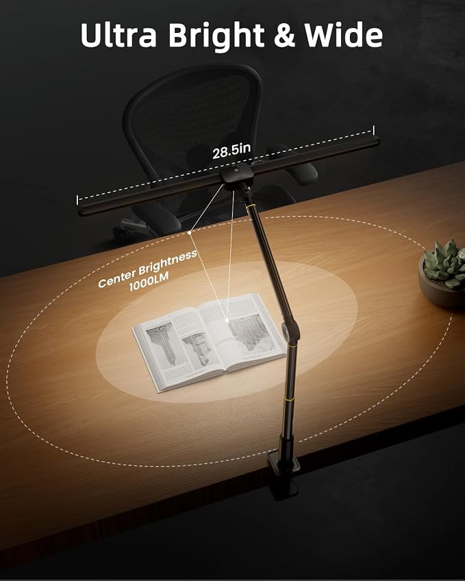 LED Desk Lamp for Home Office, Sensor Switch, 270° Rotatable & Extendable Aluminum Alloy Arm Desk Light, 24W Dimmable 3 Color Modes Eye-Caring Dual Lamp Head Monitor Reading Study Task