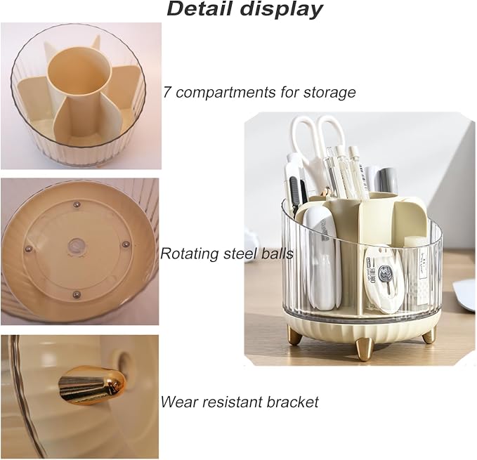 Rotating Desk Organizer with 7 Slots, 360-Degree Pencil Holder, Office Supply Storage for Home, School (Transparent Pink)