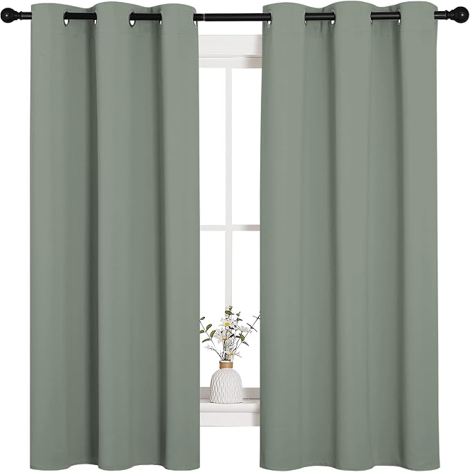 NICETOWN Sage Green Nursery Essential Thermal Insulated Solid Grommet Top Blackout Short Curtains/Drapes for Son's Room (1 Pair, 42 x 63 inches)