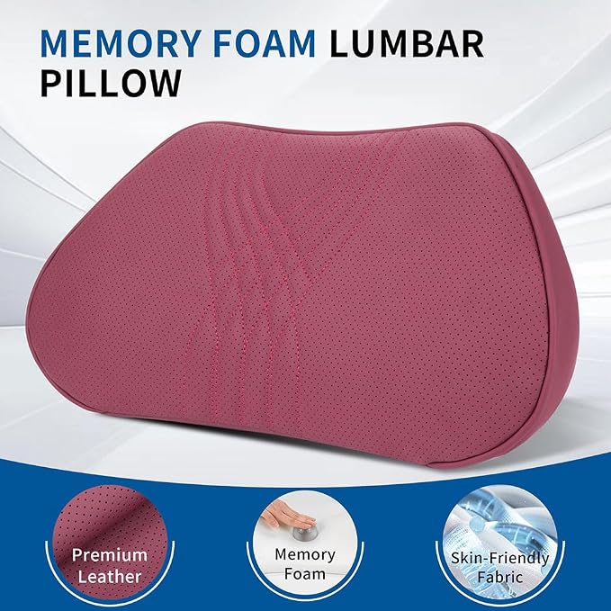Lumbar Support Pillow for Driving Seat, Office Chair, Red, 1PC | Leather Lumbar Pillow Memory Foam Lower Back Cushion for Back Pain Relief Improve Posture, Ergonomic Back Rest Gaming Chair