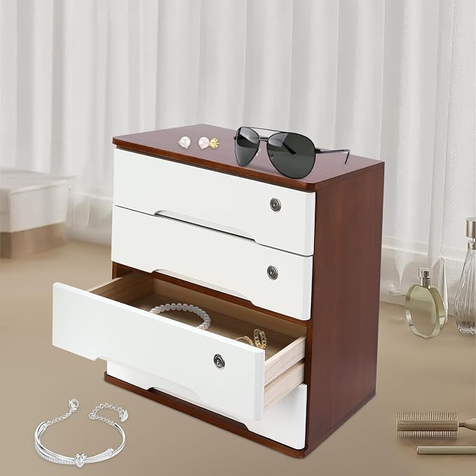 4-Tier Desktop Storage Box with Lockable Drawer, Wooden Desk Organizer for Office Supplies, Flat File Cabinet, Minimalist Design for Home & Office Use(Walnut+White)