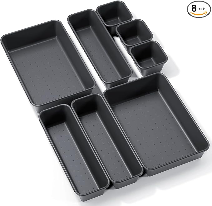 8PCS Plastic Interlocking Drawer Organizer, 3 Sizes Versatile Desk Drawer Organizer Trays, Drawer Dividers, Organization and Storage Bins for Tools, Office, Jewelries, Kitchen Utensils and Makeup