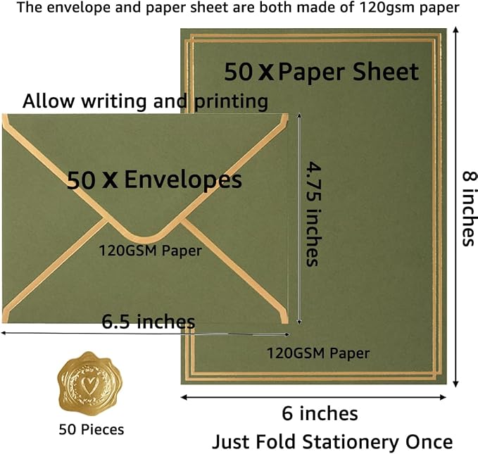50 Pack Stationery Set with Envelopes, Olive Green, 6x8 Inches | Gold Border, A6 Envelopes 4.75x6.5 inch and 6x8 Paper Sheets, Stickers for Letter Writing, Invitations