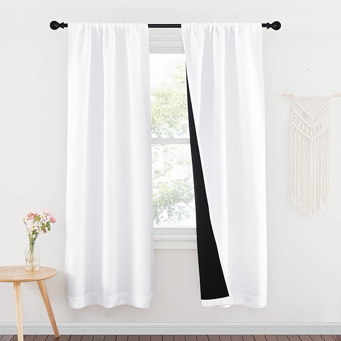 NICETOWN 100% Blackout Window Curtain Panels, Rod Pocket Full Light Blocking Drapes with Black Liner for Nursery, 72 inches Drop Thermal Insulated Draperies (White, 2 Pieces, 37 inches Wide Per Panel)