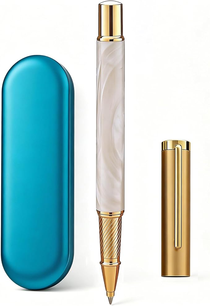 Luxury Rollerball Pen with Gold Trim, Elegant Resin Writing Instrument, Fine Point Black Ink Refill, Business Signature Pen with Metal Gift Box for Executive, Men, Women(White Ice River)