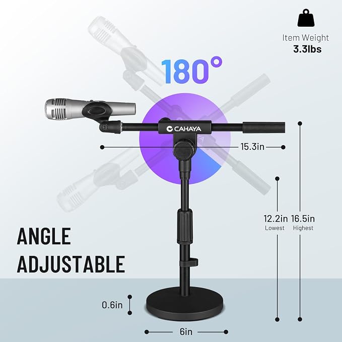 CAHAYA Microphone Stand Desk Adjustable: Boom Arm Mic Stand Desktop with 2 Mic Clips Reinforced Metal Base Table Mic Mount with 3/8" to 5/8" Screw Adapter for Singing Performance Wedding Stage Black