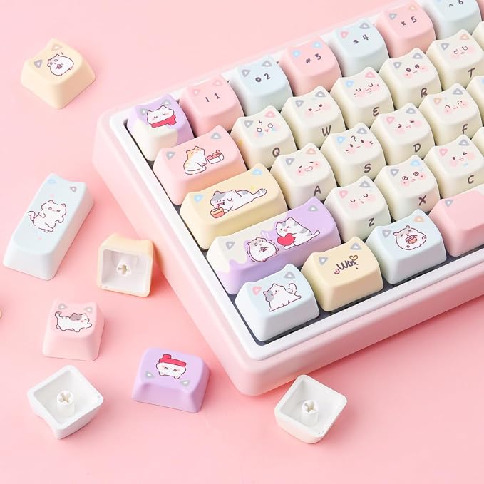 Tsungup PBT Keycaps Mao Profile-Pink Cream Keycap,127 Keys Cute Hiding Cat Theme Custom Key Caps Keyboard Keycaps, Dye Sub Keycap Set for 60%,65%,75%,100% Mechanical Keyboard