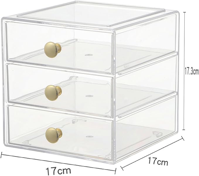 AJIODA Makeup Drawer Organizer Box with 3 Drawers, Acrylic Cosmetic Display Case Vanity Organizer Jewelry Storage Box Stackable Storage for Cosmetics, Skin Care, Bathroom, Countertop, Gold Handle