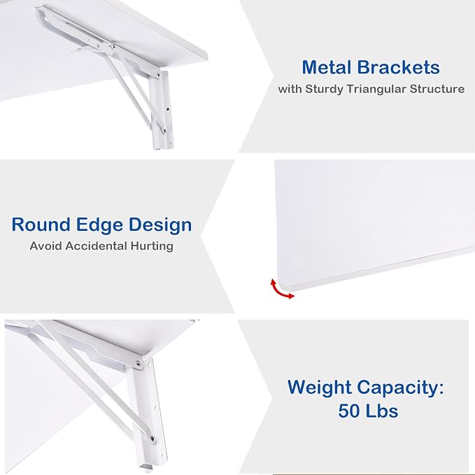 Yescom Wall Mounted Floating Folding Desk Wooden PC Dining Drop Leaf Table Workbench 24"x16" 50lbs Weight Capicity for Study White