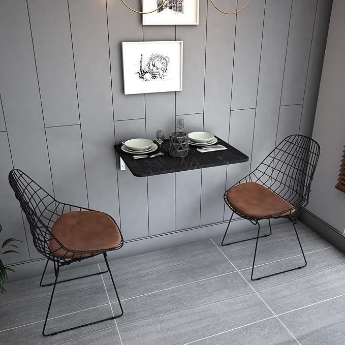 SUSSEXHOME Wall-Mounted Foldable Table - 28.3" x 17.7" Space-Saving Desk for Kitchen, Balcony, or Office (Marble Design)