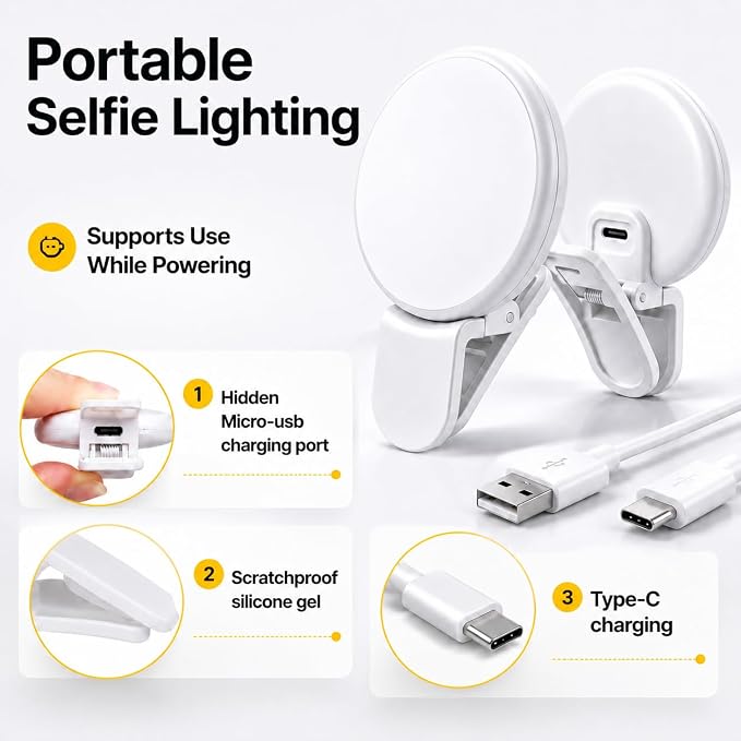 2Pcs Mini LED Ring Light for Phone, Rechargeable Clip On Selfie Light, Portable Adjustable Brightness LED Lighting for Video Recording, Compatible with iPhone, iPad, Laptop (White)