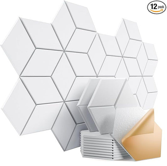 12 Pack Self-Adhesive Acoustic Panels 12" X 10" X 0.4" - Sound Proof Foam Panels with High Density, Stylish Y-Lined Design, Flame Resistant, Absorb Noise and Eliminate Echoes(White)