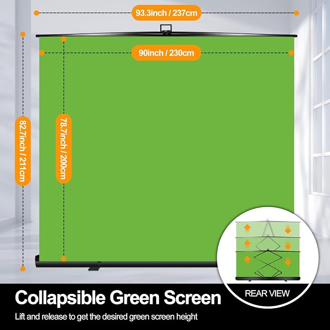 FUDESY 78.7 x 90in Large Collapsible Green Screen Chroma Key Panel, Portable Retractable Wrinkle Resistant Green Backdrop for Streaming, Video Conference, Tiktok, Auto-Locking Frame